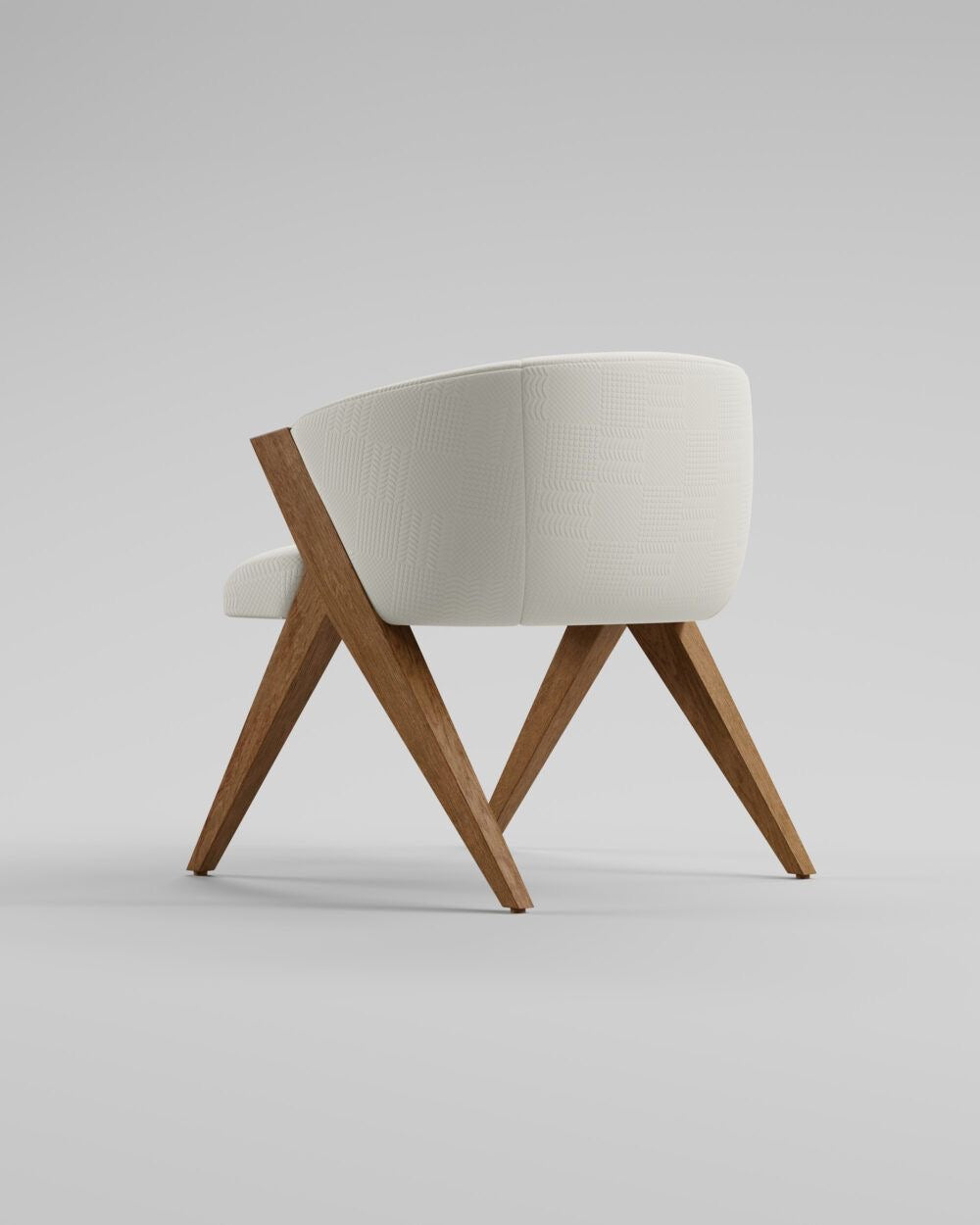 Modern chair with wooden legs and white cushion on a light gray background