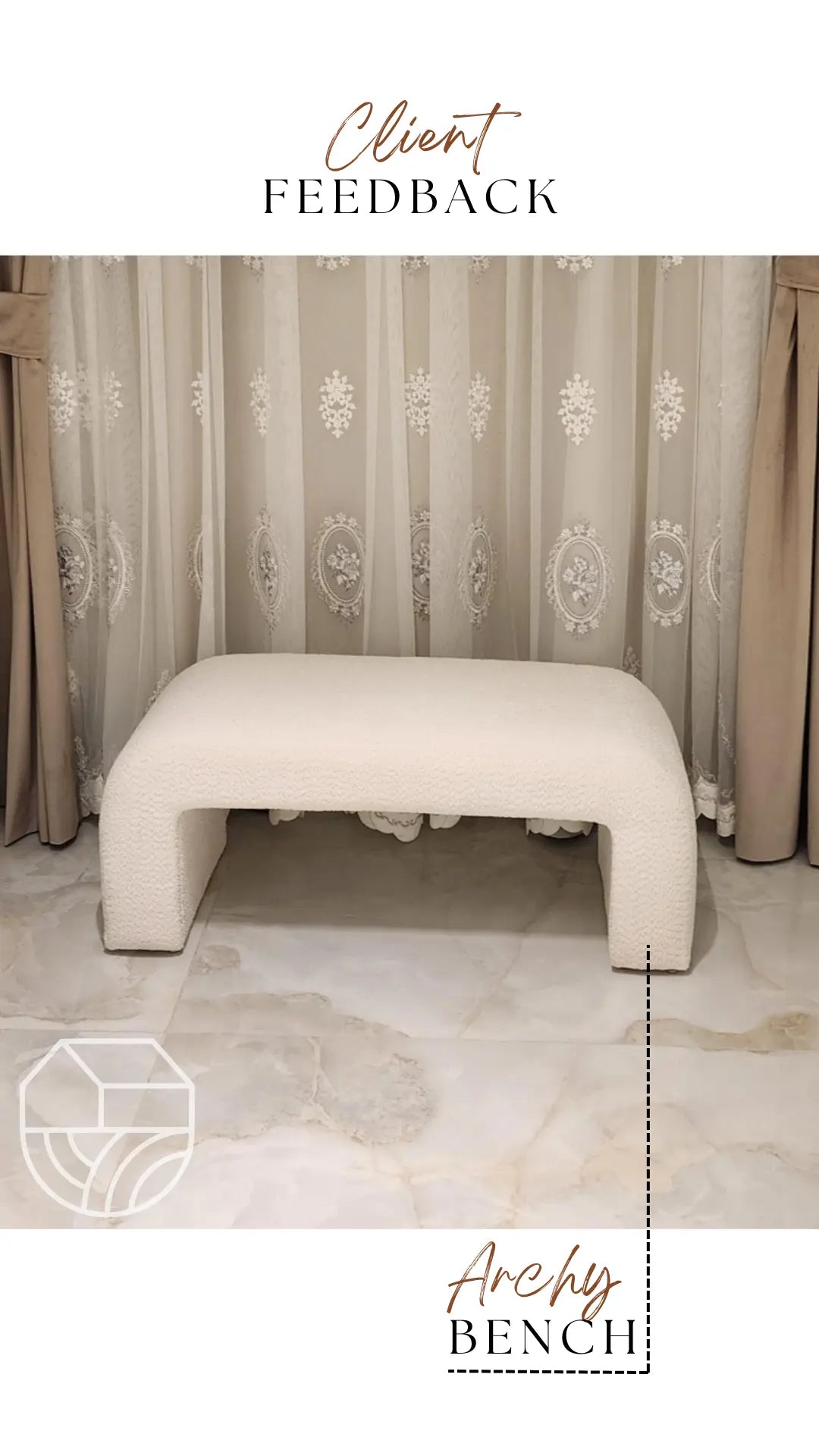 White bench in a room with decorative curtains and marble floor.