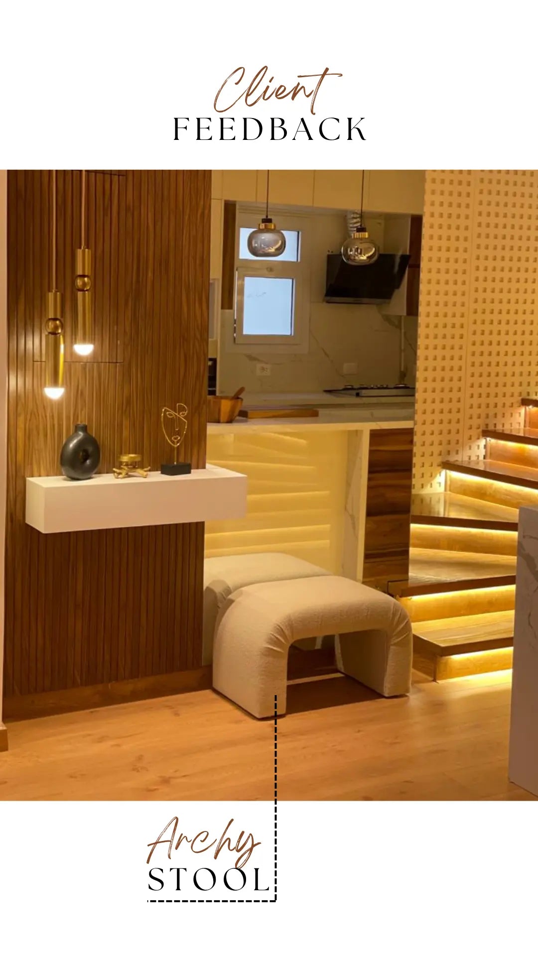 Modern interior design with a stool, wall-mounted shelf, and decorative elements.