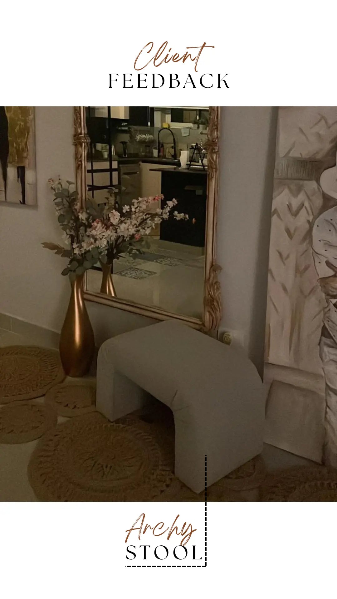 Decorative stool with a gold vase and mirror in a stylish room setting.