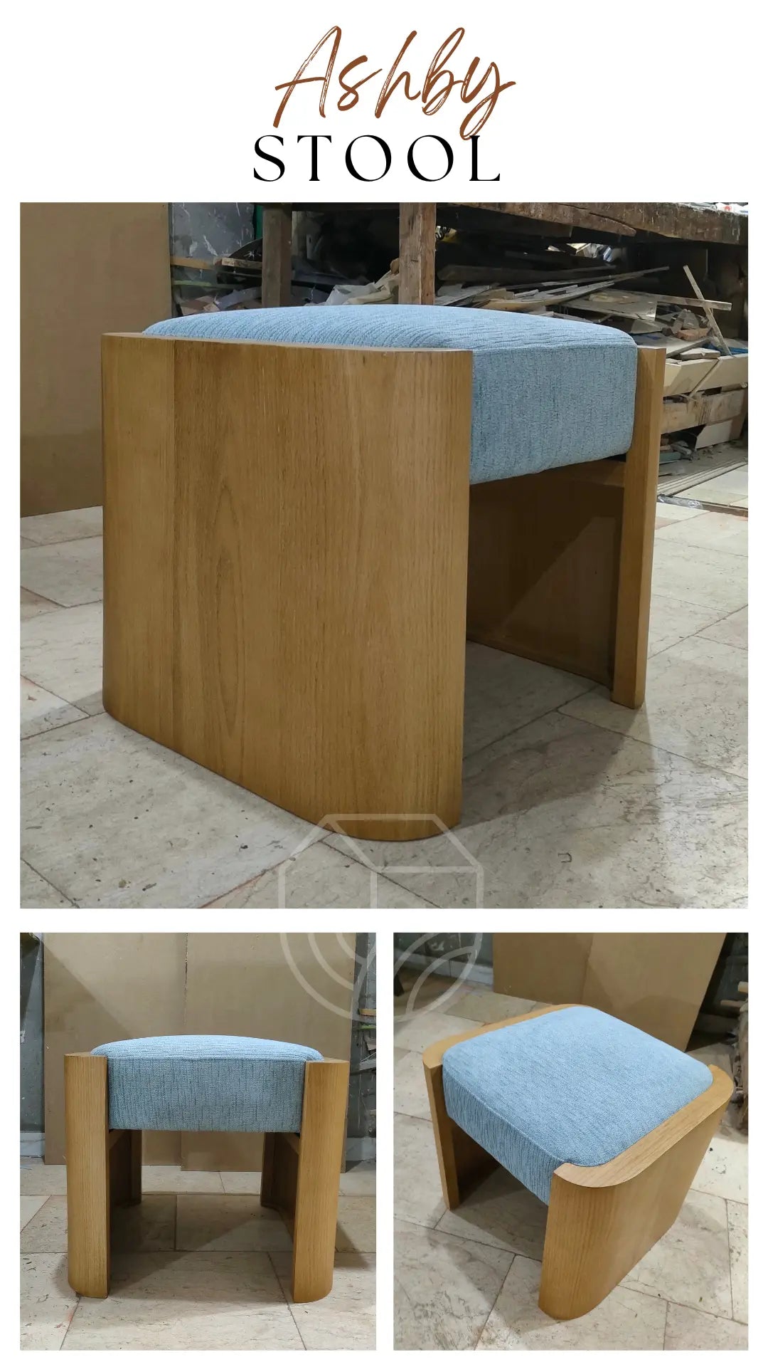 Wooden stool with a blue cushion on a tiled floor, branded 'Ashby'.