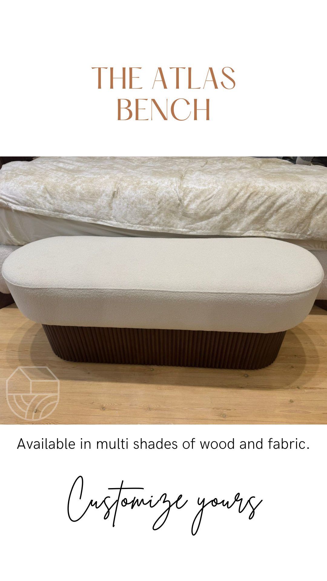 Atlas bench with customizable wood and fabric options on a wooden floor.