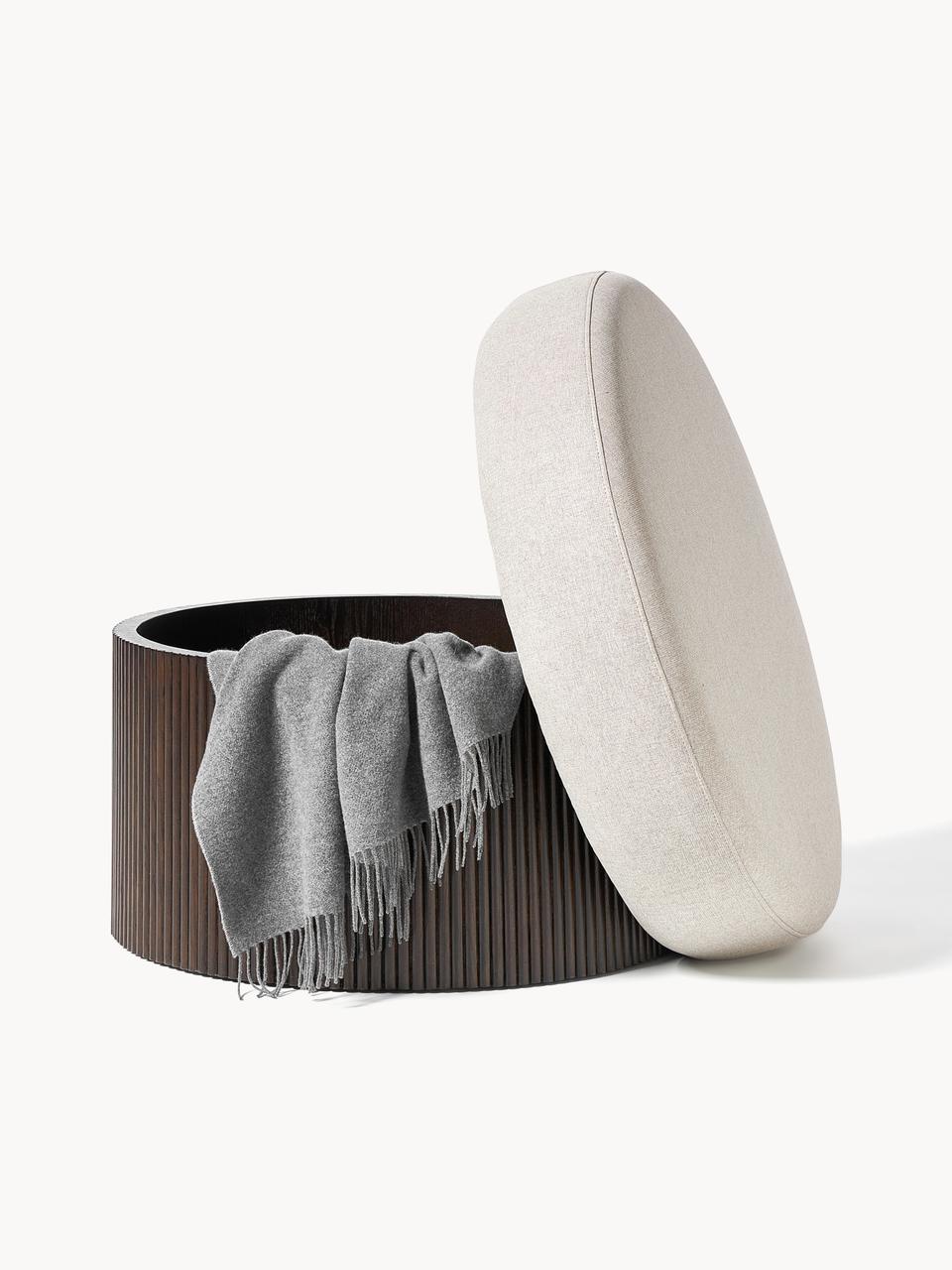 Round wooden ottoman with a gray fabric cover on a white background