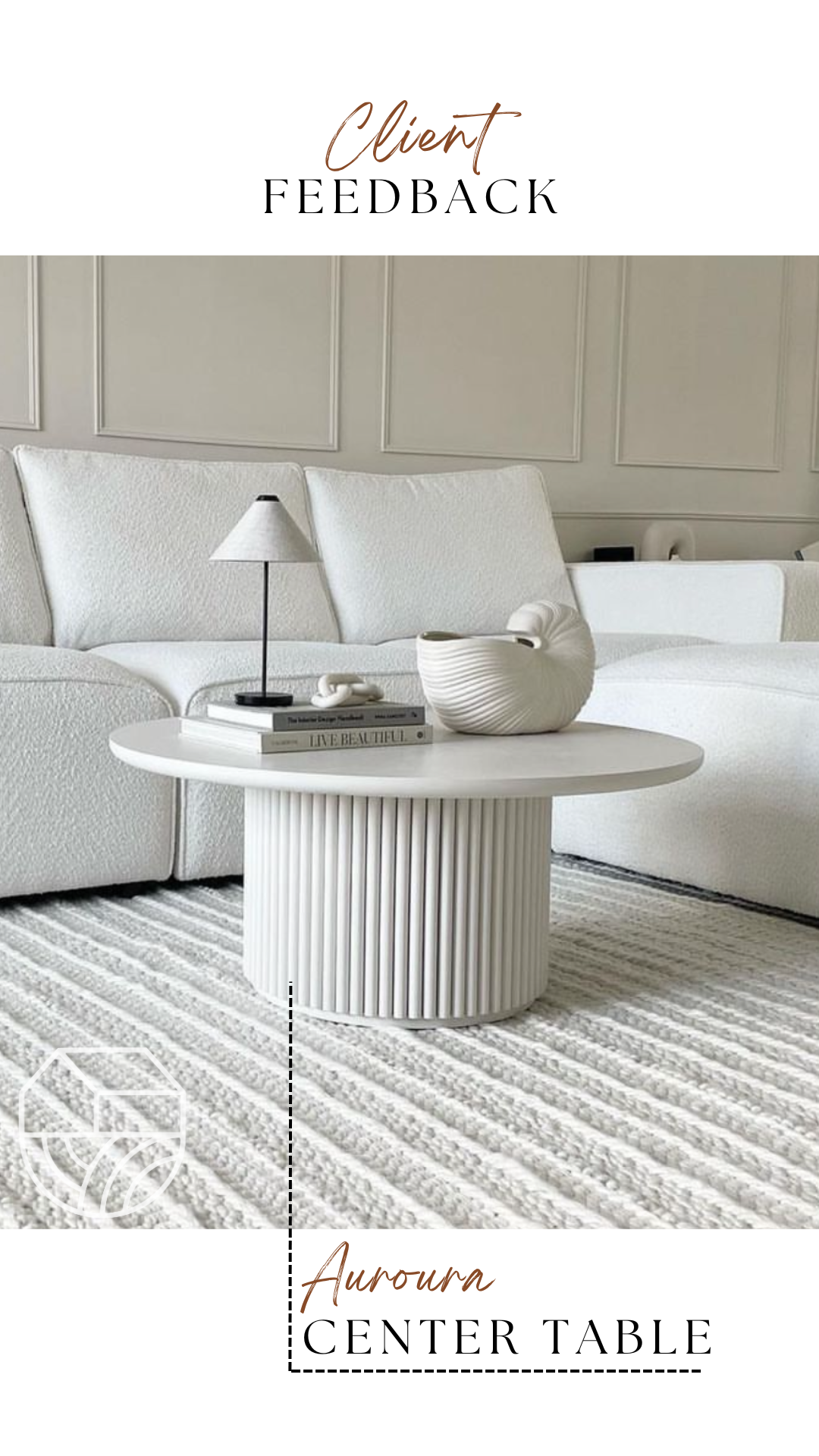 Modern living room with a white center table and decorative items, featuring 'Auroura Center Table' text.
