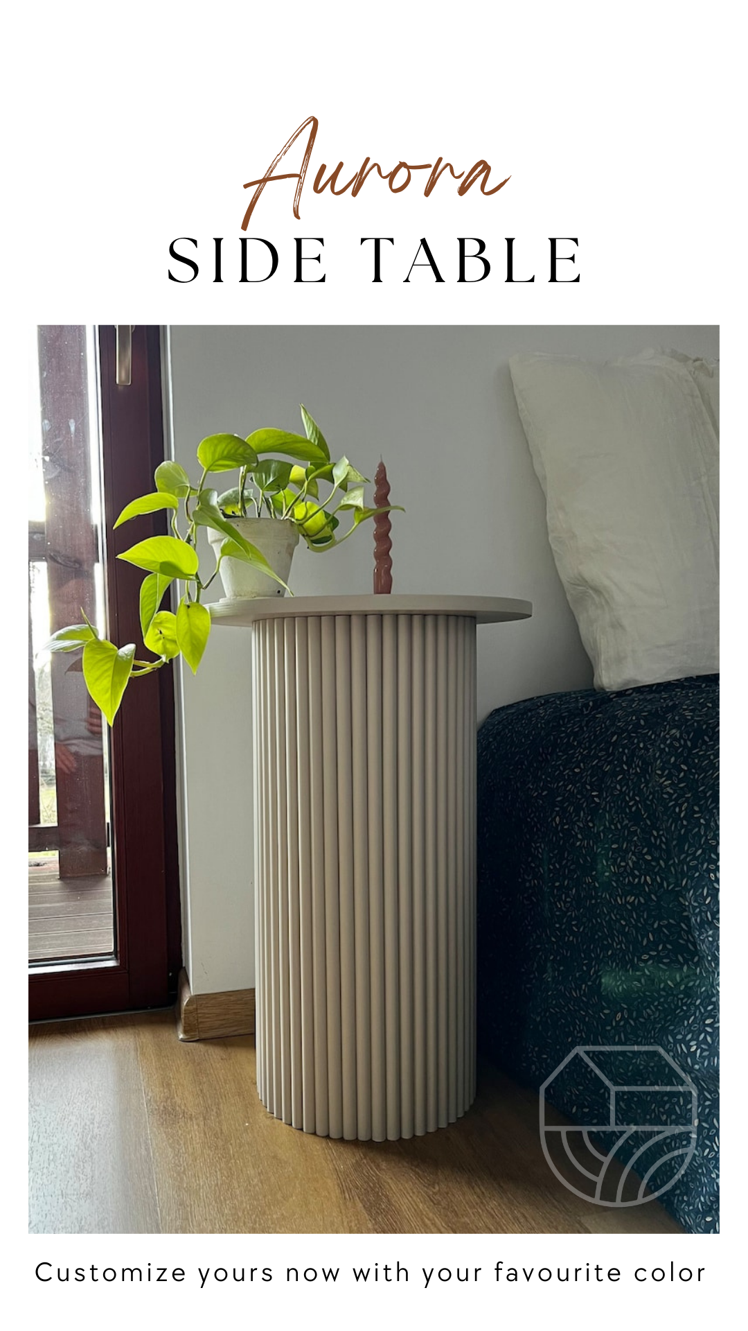 Aurora side table with a plant on a wooden floor next to a window.