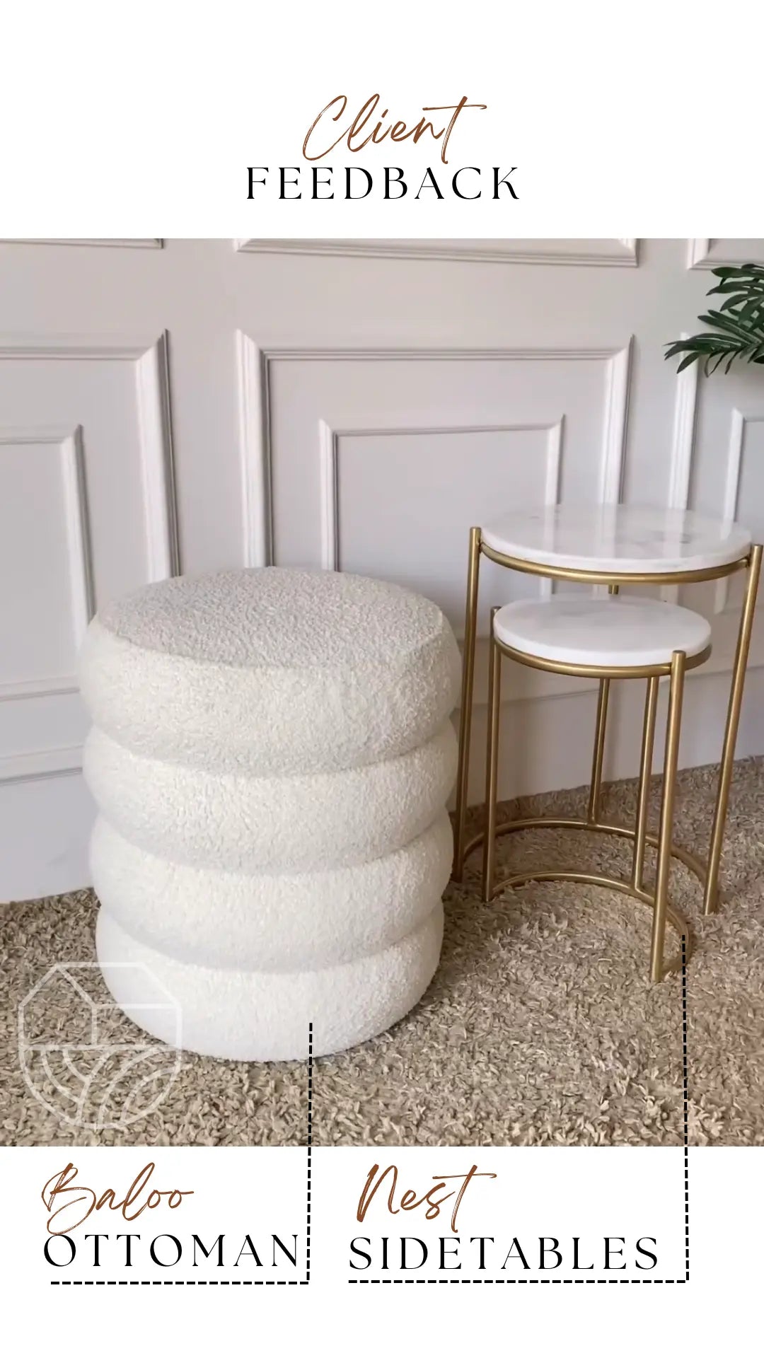 White ottoman and gold side tables against a neutral wall.