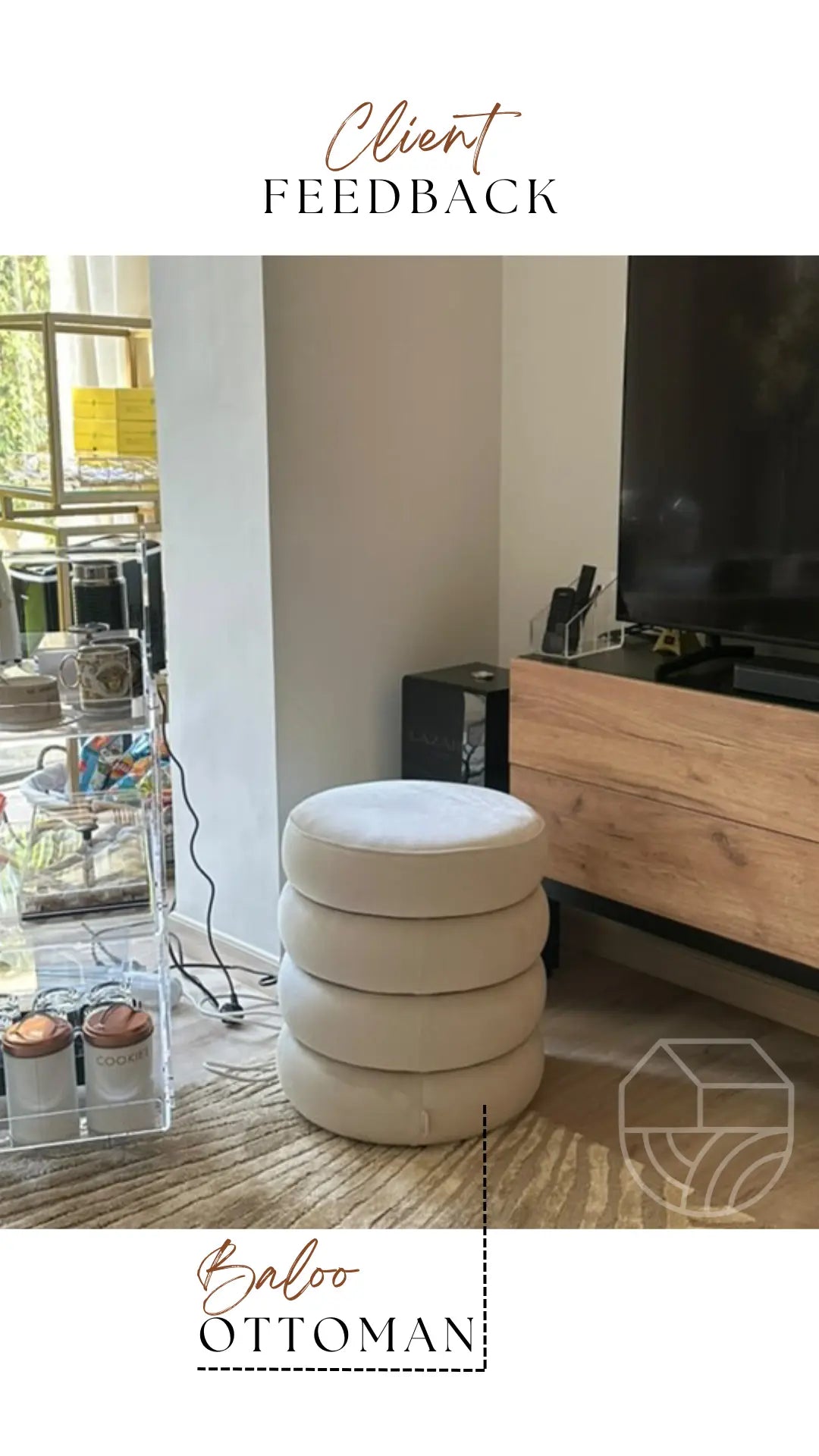 Beige ottoman in a living room setting with a television and coffee table.