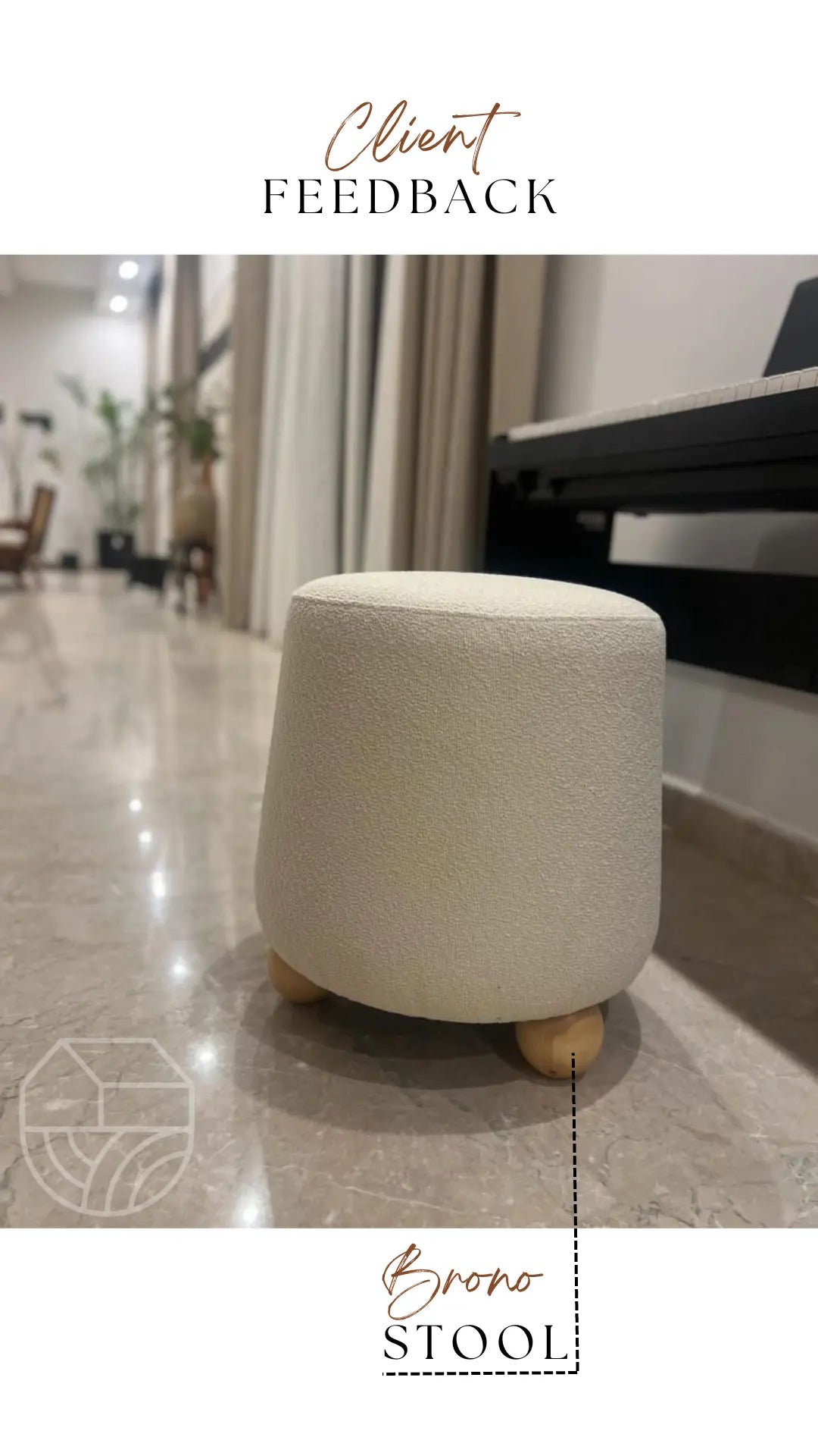 Beige ottoman stool on a marble floor with 'Brono Stool' branding.