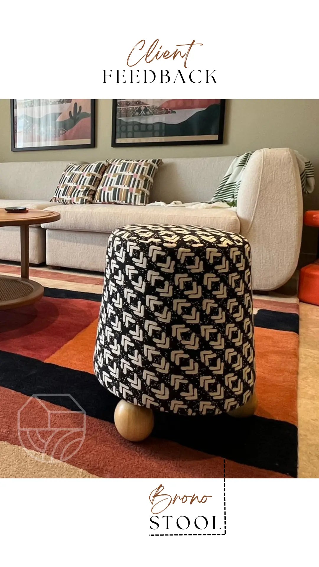 Patterned stool in a living room setting with 'Brono Stool' branding.