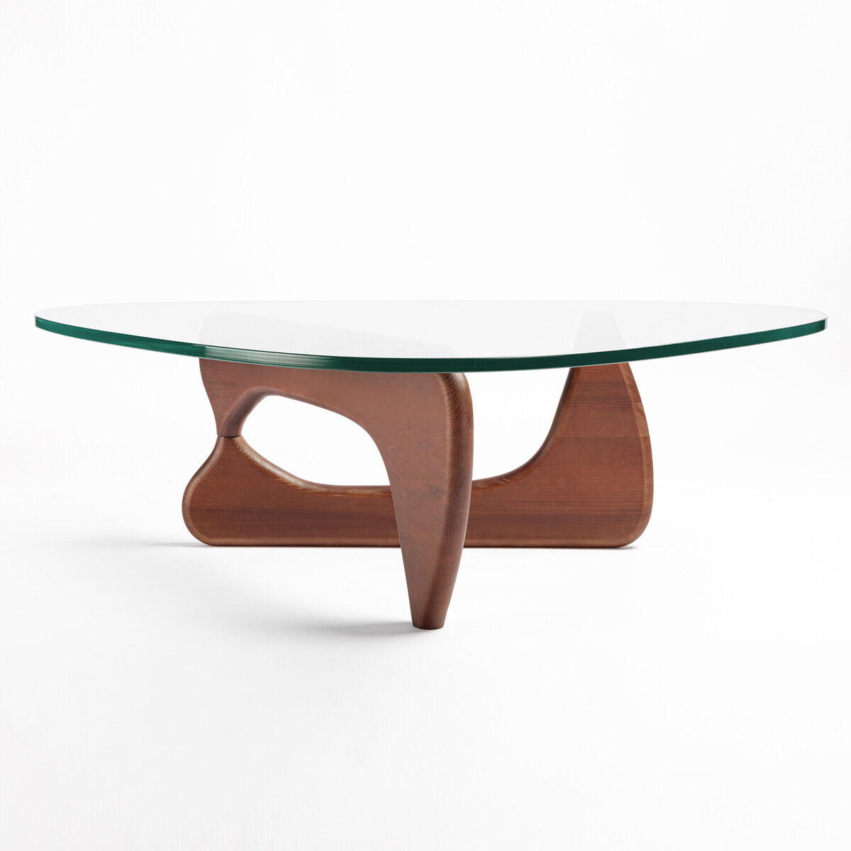 Glass-top coffee table with wooden base on a white background