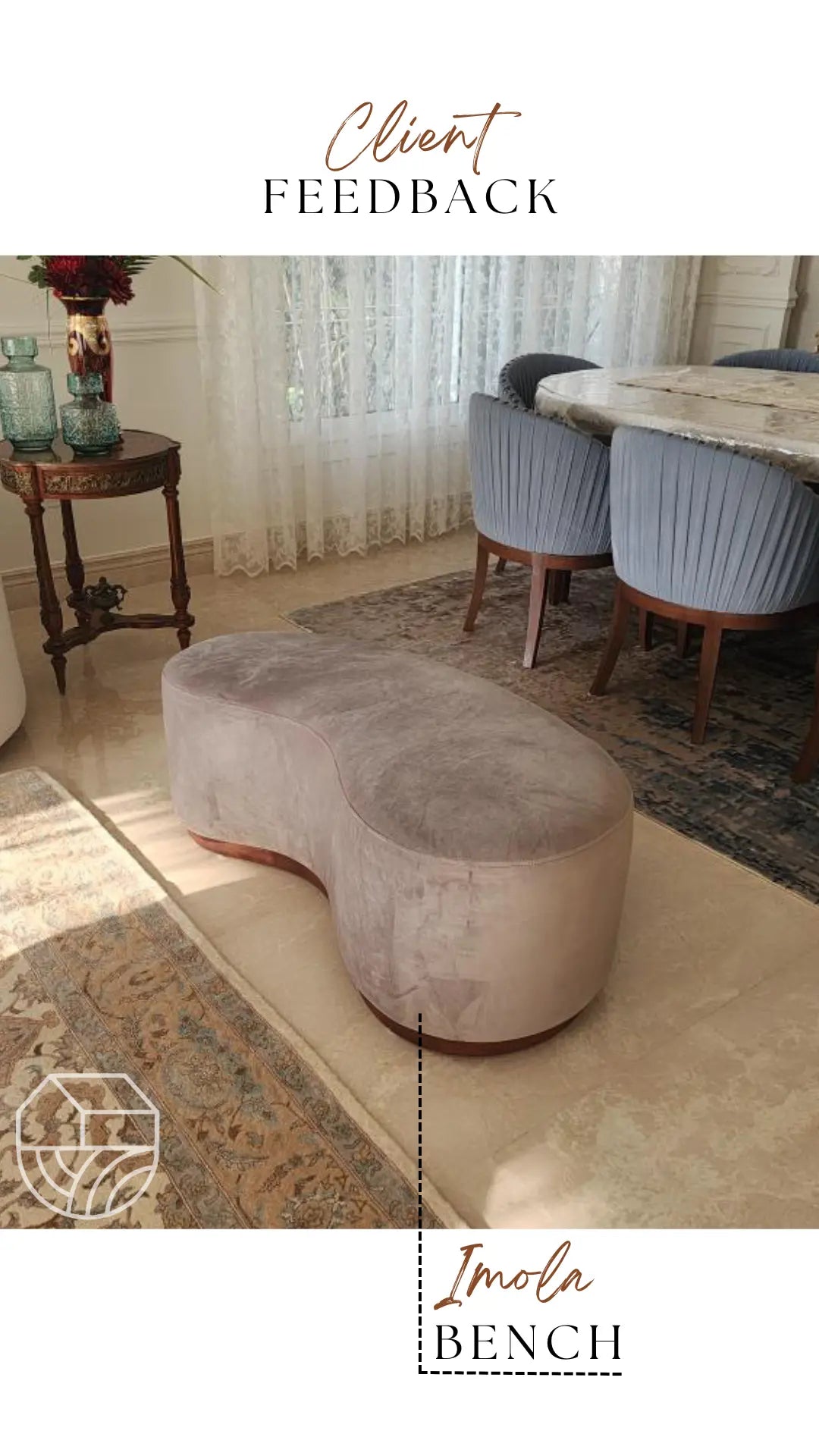 Gray upholstered bench in a room with a dining table and chairs, featuring 'Imola Bench' branding.