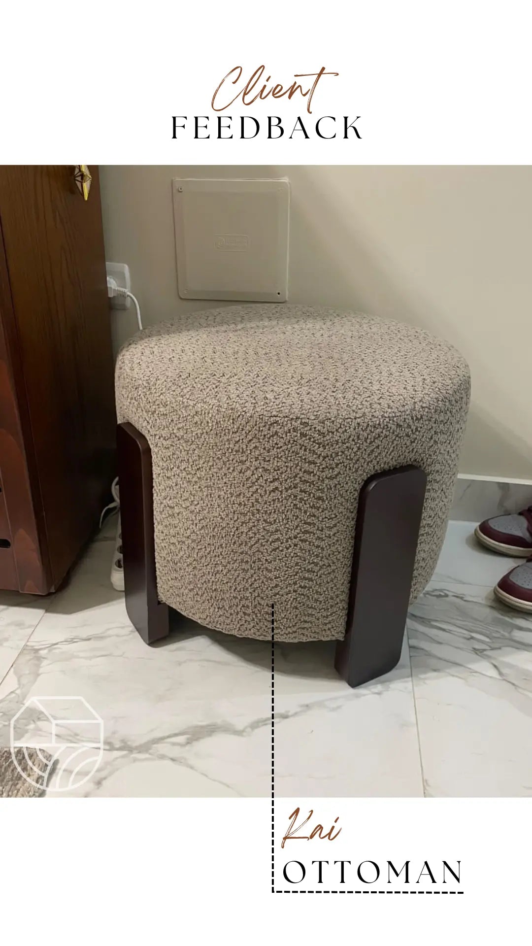 Textured ottoman on a marble floor with 'kai Ottoman' branding.