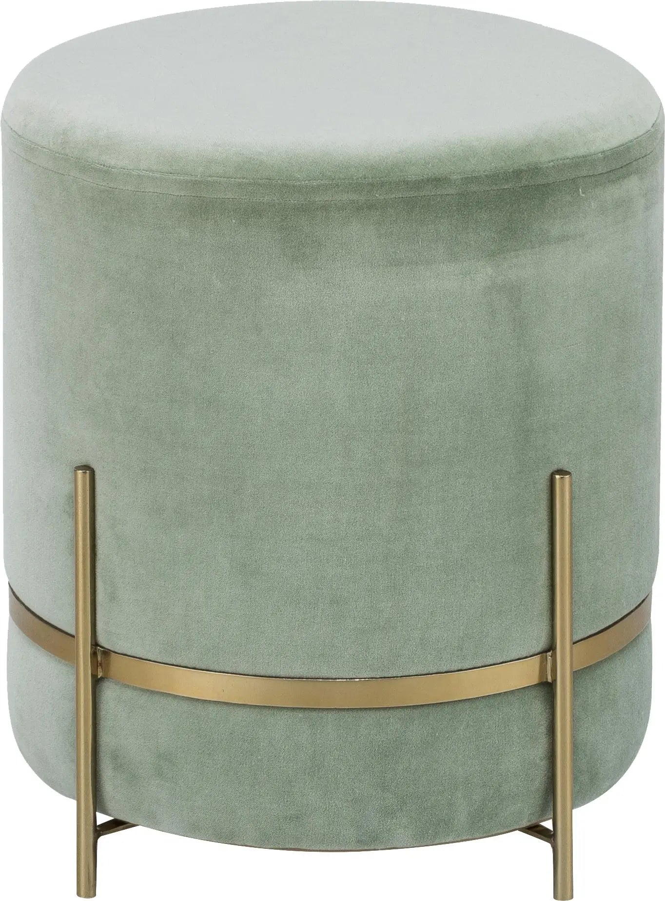 Green velvet ottoman with gold accents on a white background