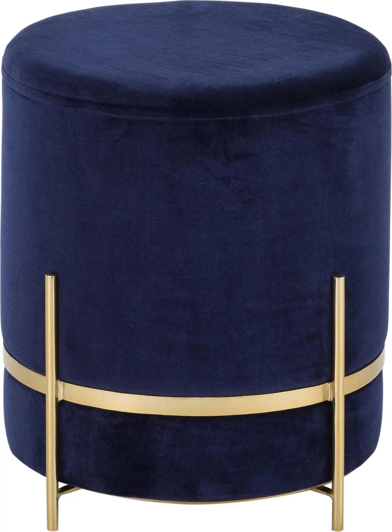 Navy blue ottoman with gold accents on a white background