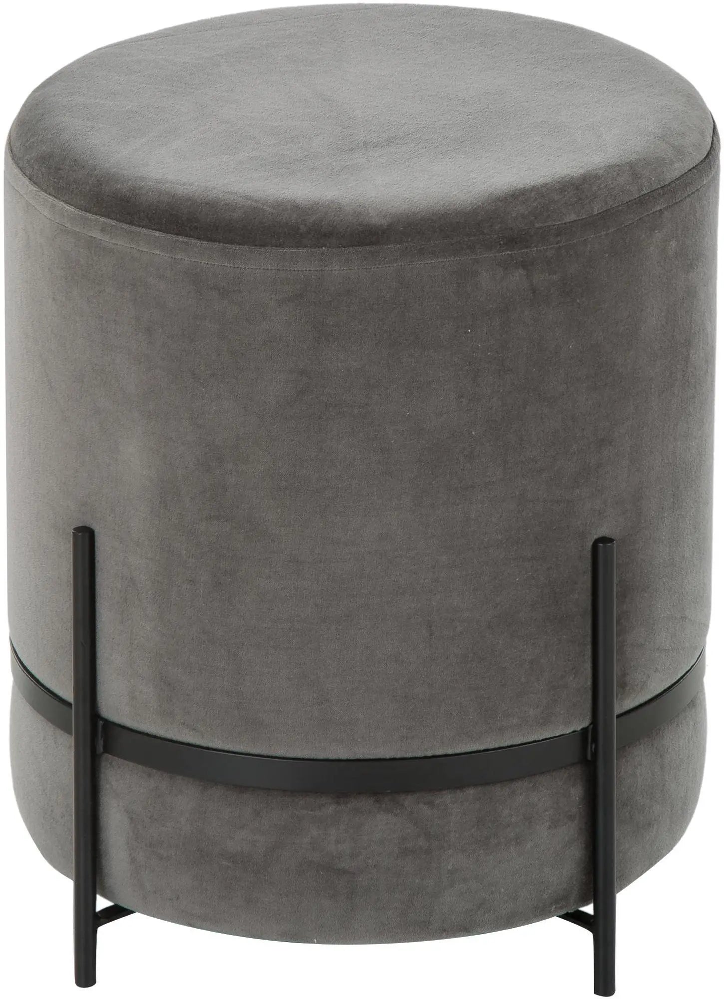 Gray round ottoman with black metal banding on a white background