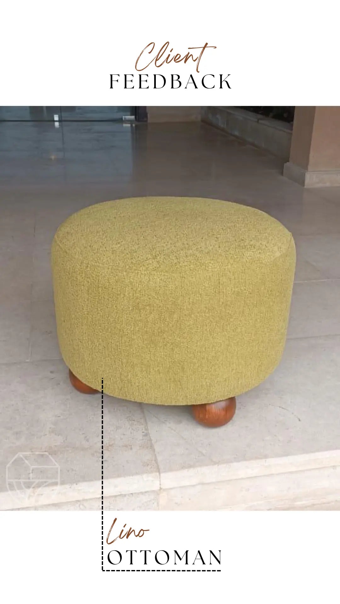 Green ottoman with wooden legs on a tiled floor, labeled 'Lino Ottoman'.