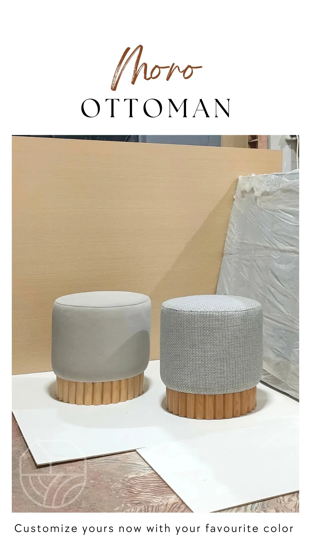 Two gray ottomans with wooden bases on a white surface, with 'Moro' branding.