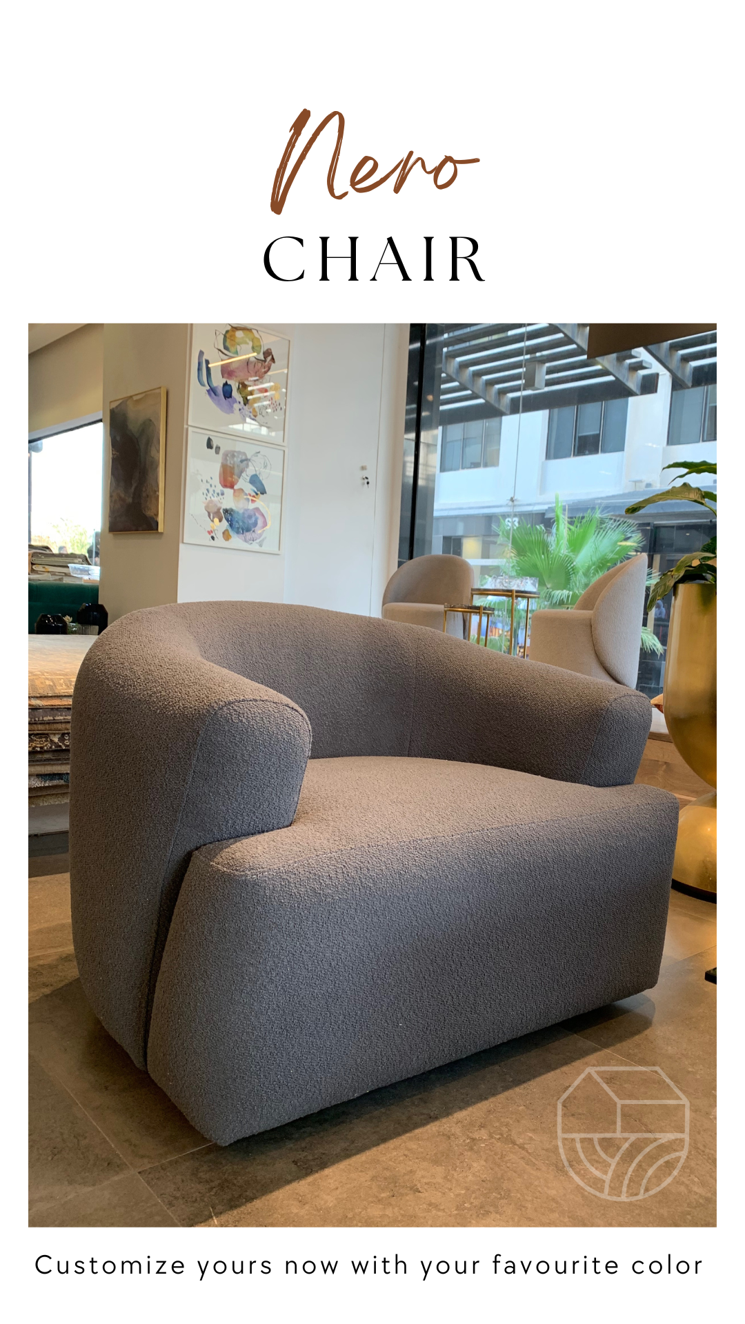Gray chair labeled 'Nero Chair' in a room setting.
