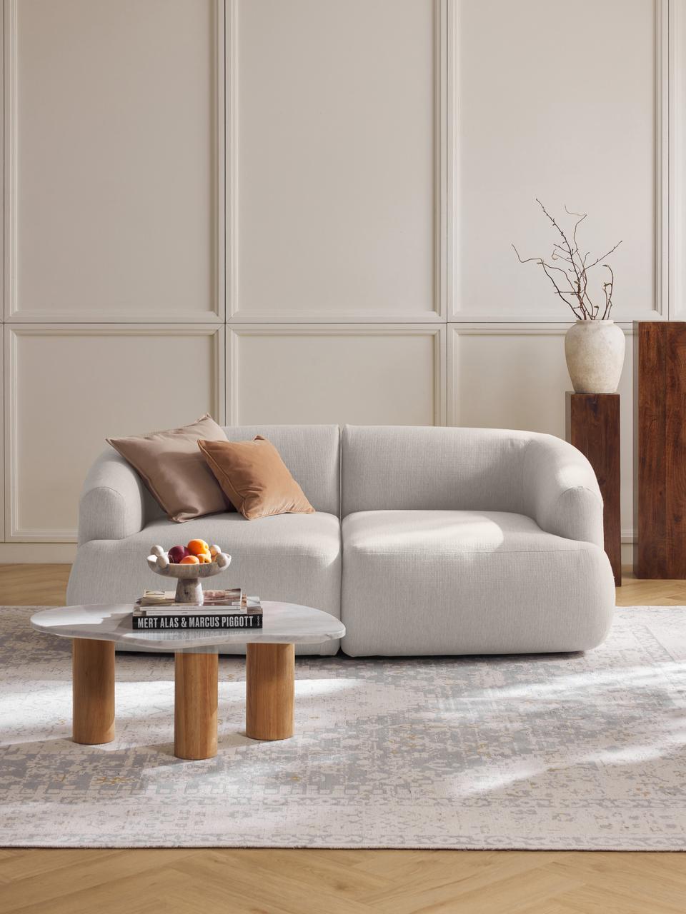 Modern living room with a gray sofa, wooden coffee table, and decorative items.
