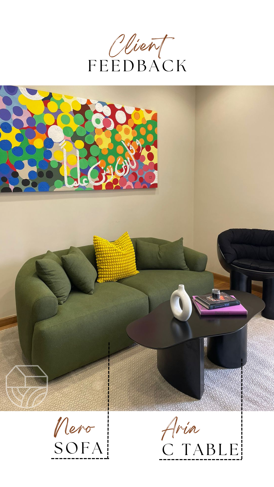 Modern living room with green sofa, black Aria C table, and colorful abstract painting.