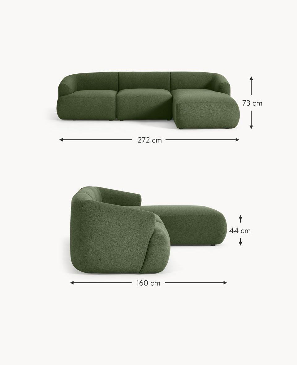 Green modular sofa with dimensions on a white background