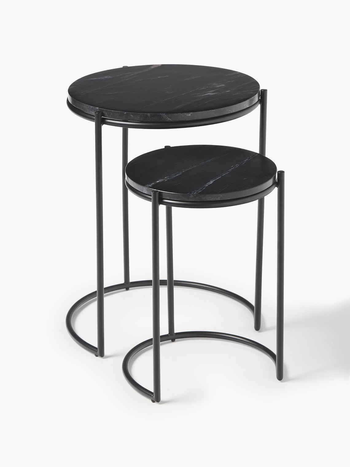 Set of two black nesting tables on a white background