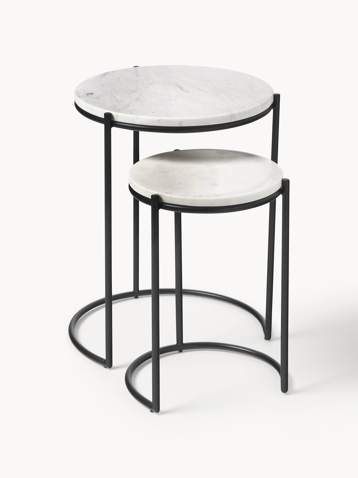 Set of two marble top side tables with black metal frames on a white background