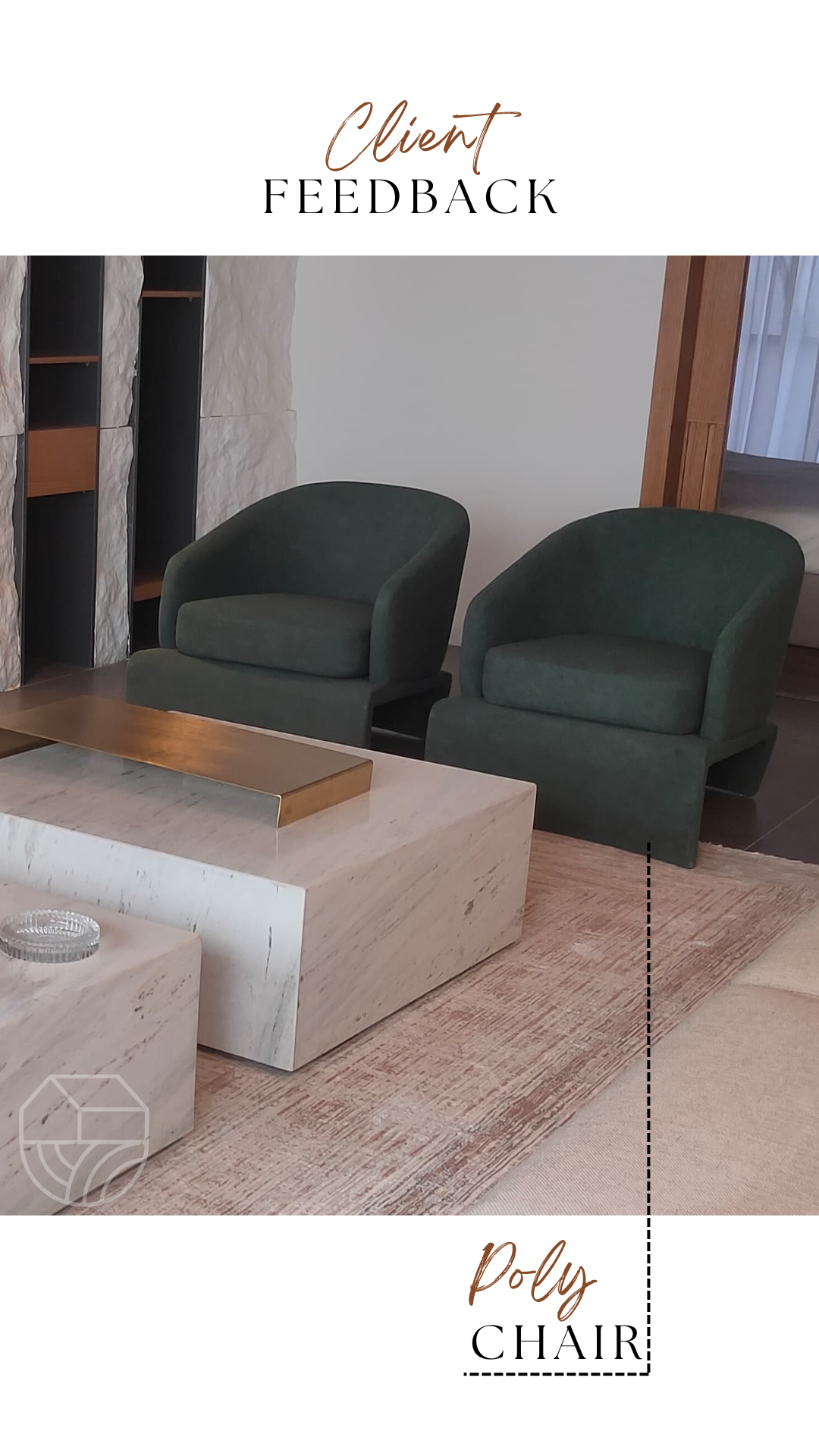 Two green chairs in a modern living room setting with 'Poly Chair' branding.