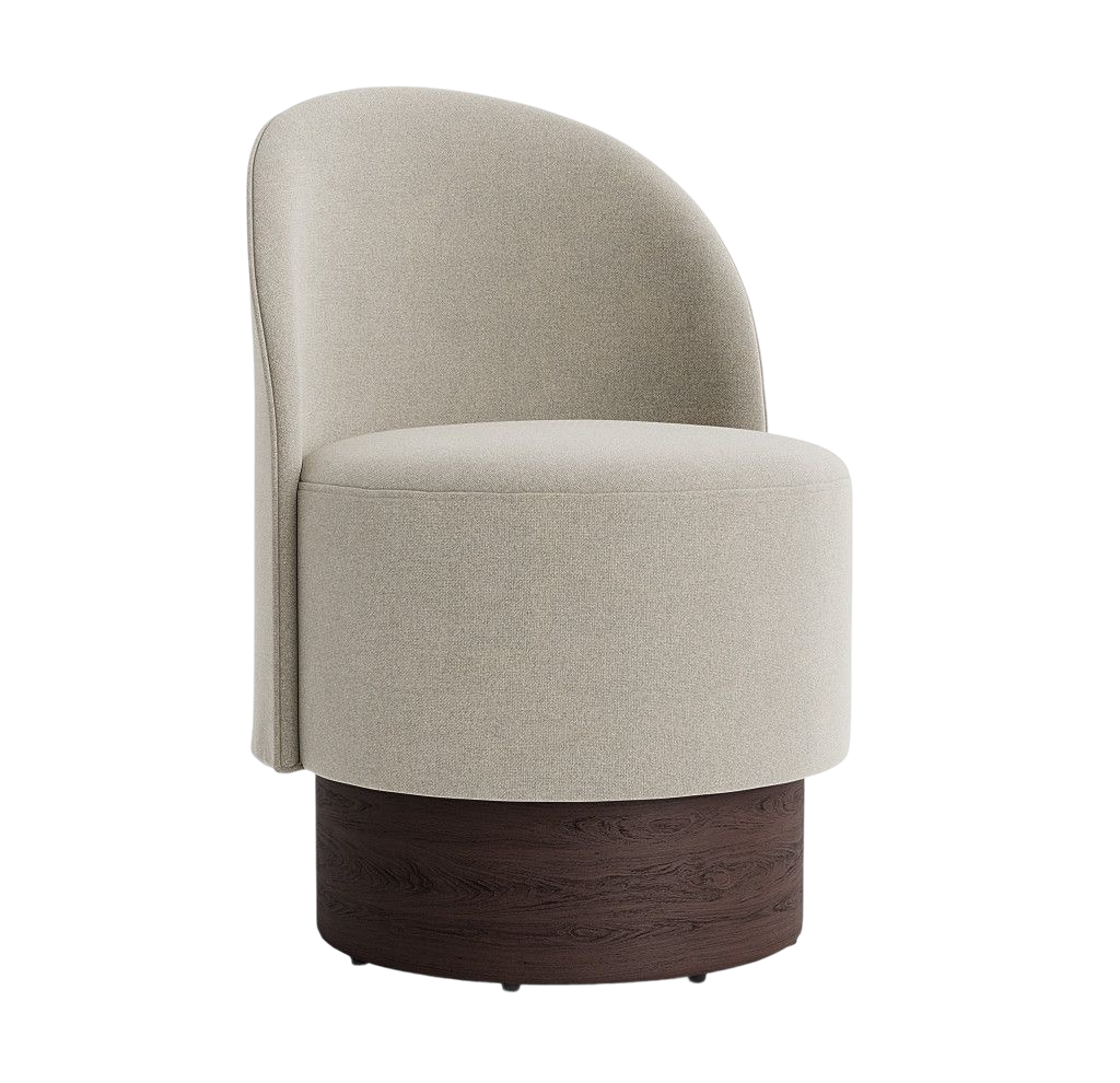 Beige swivel chair with wooden base on a white background