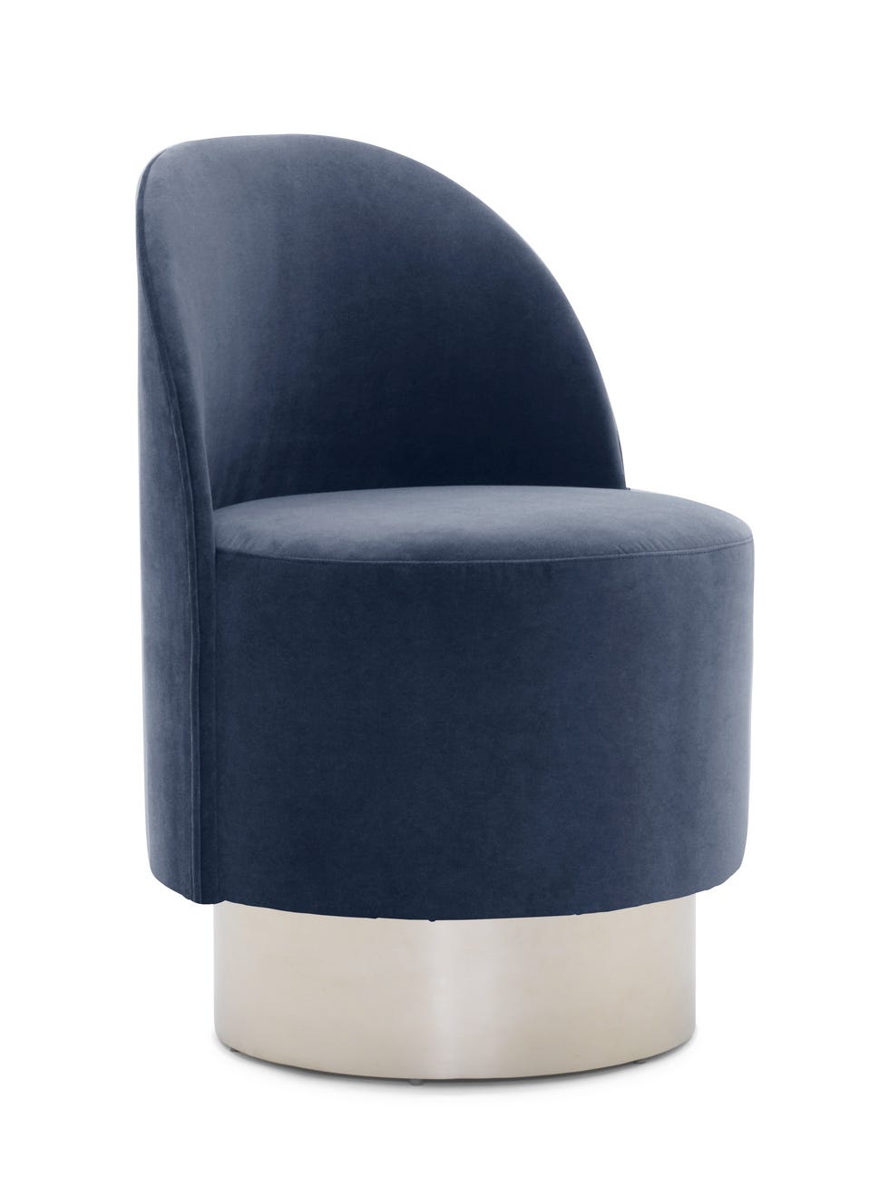 Blue velvet chair with a silver base on a white background