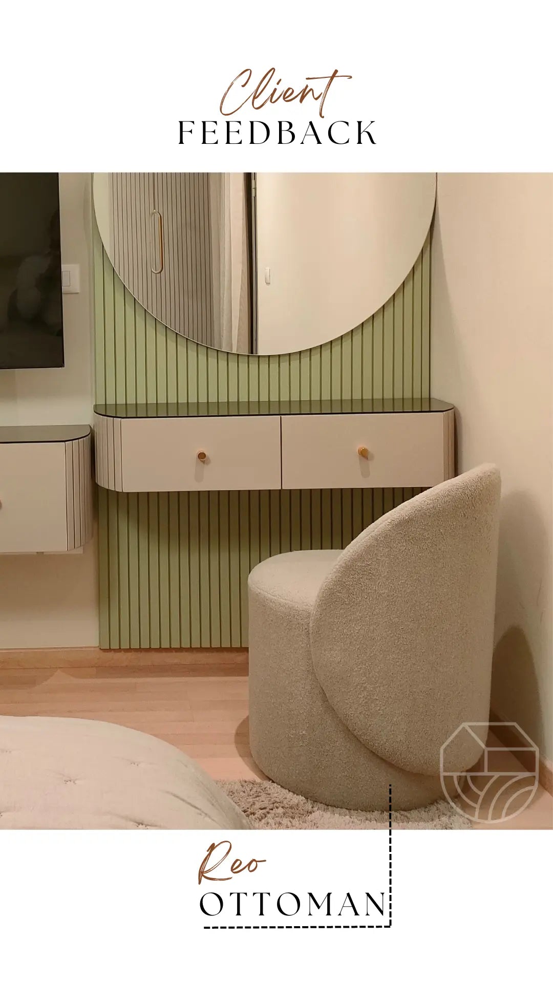 Beige ottoman in a room with a mirror and green wall.
