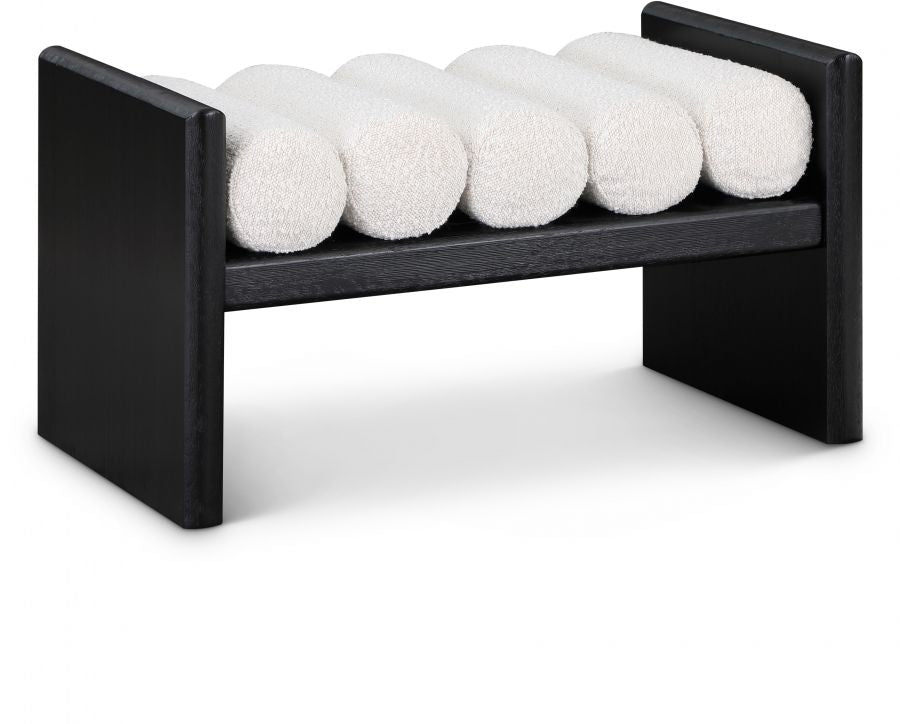 Black bench with white cushioned balls on a white background