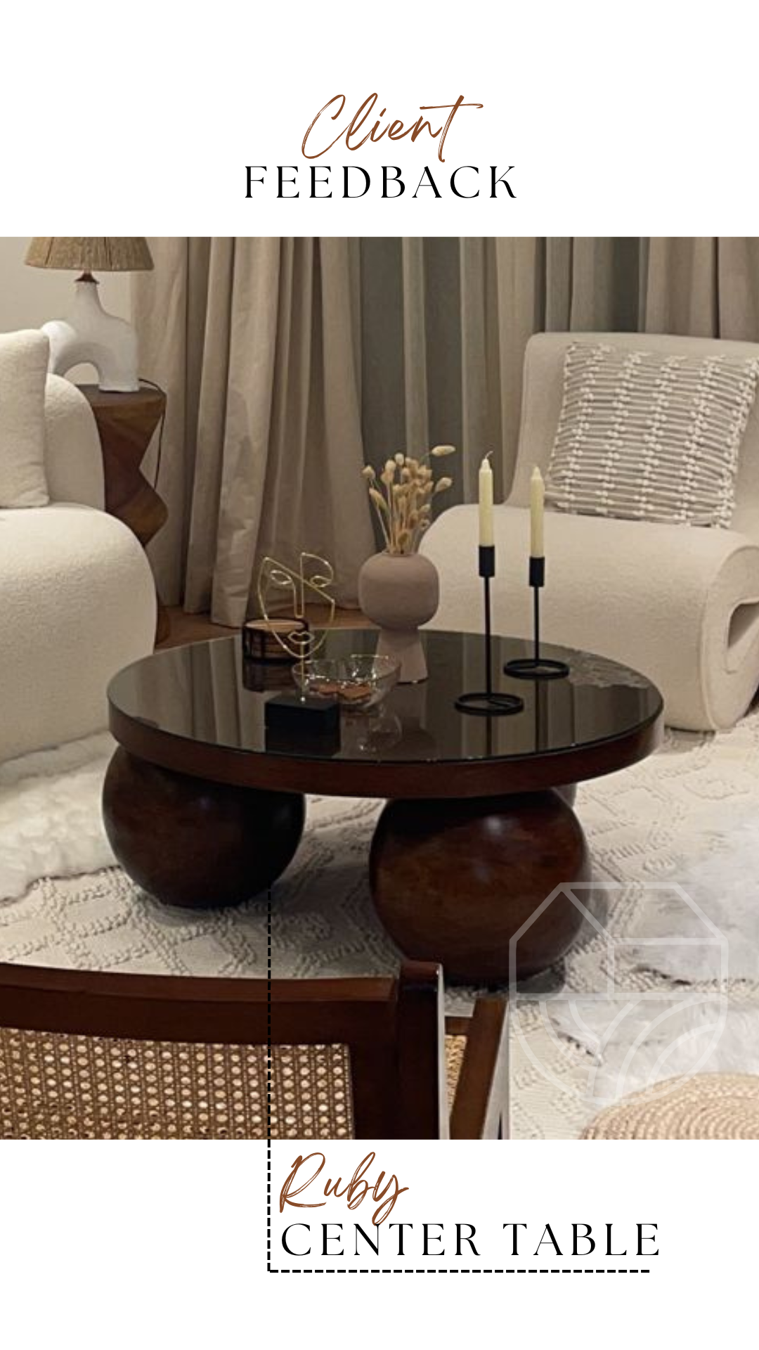 Wooden center table in a living room setting with 'Ruby's Center Table' branding.