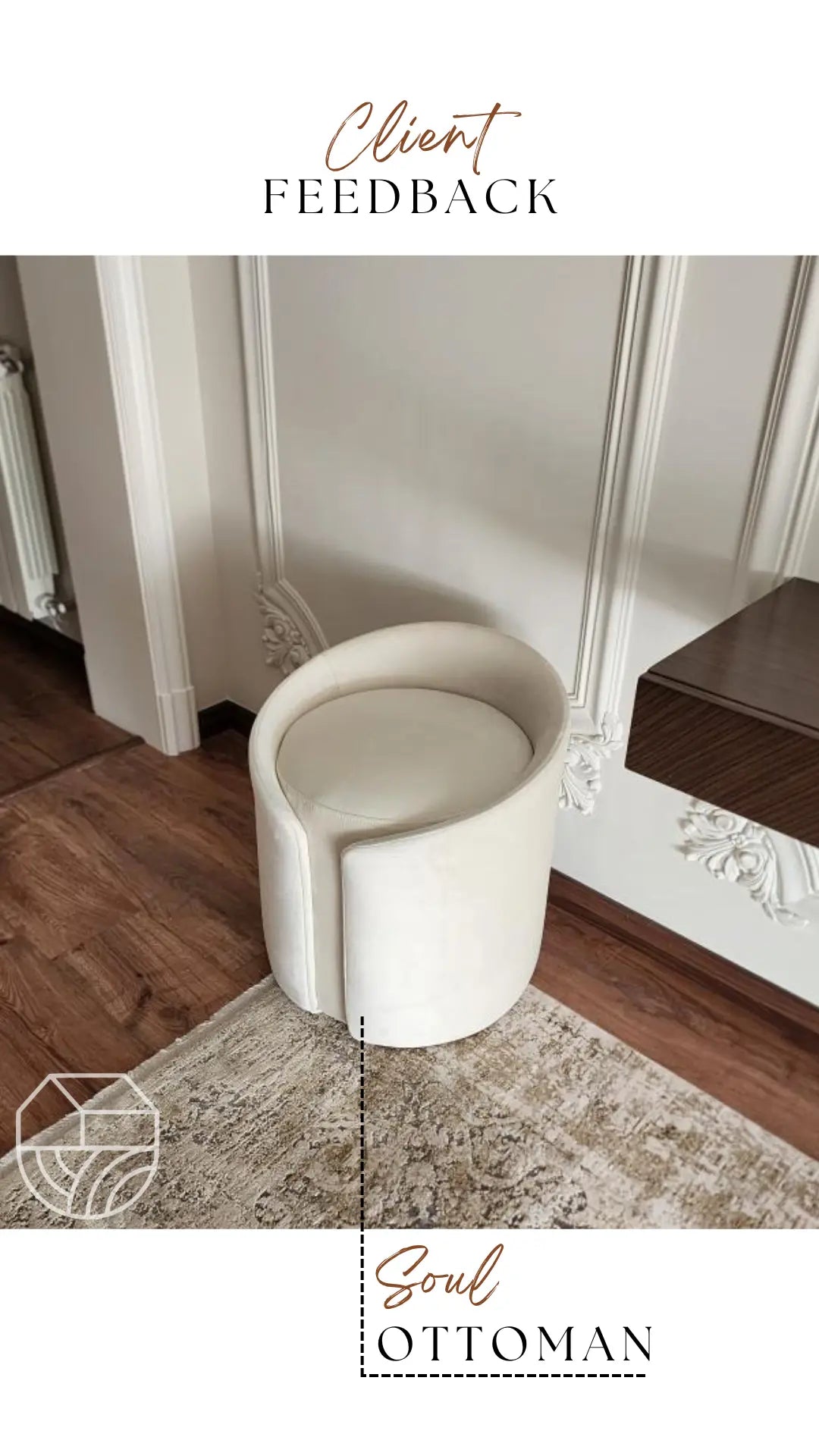 White ottoman in a room with wooden floor and white walls.