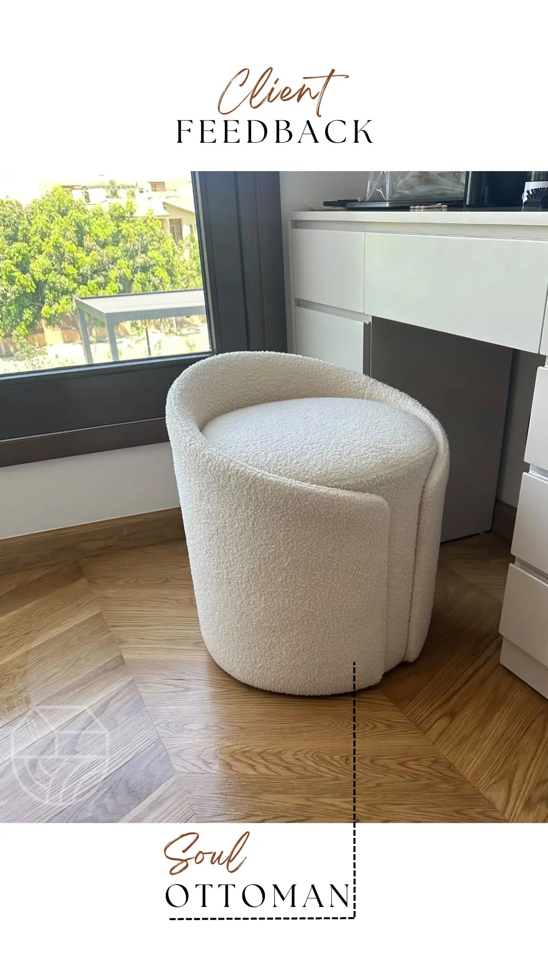 White ottoman in a room with a desk and window view