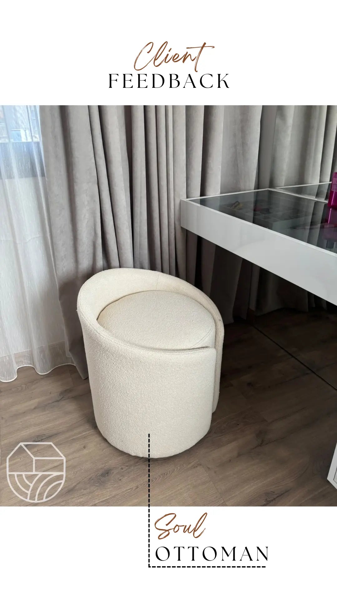 Beige ottoman in a room with curtains and a table.