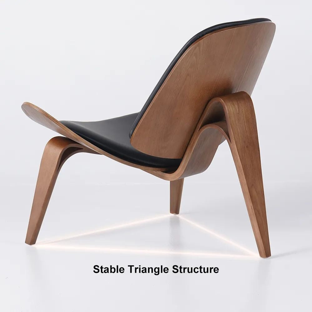 Modern chair with wooden frame and black seat on a white background