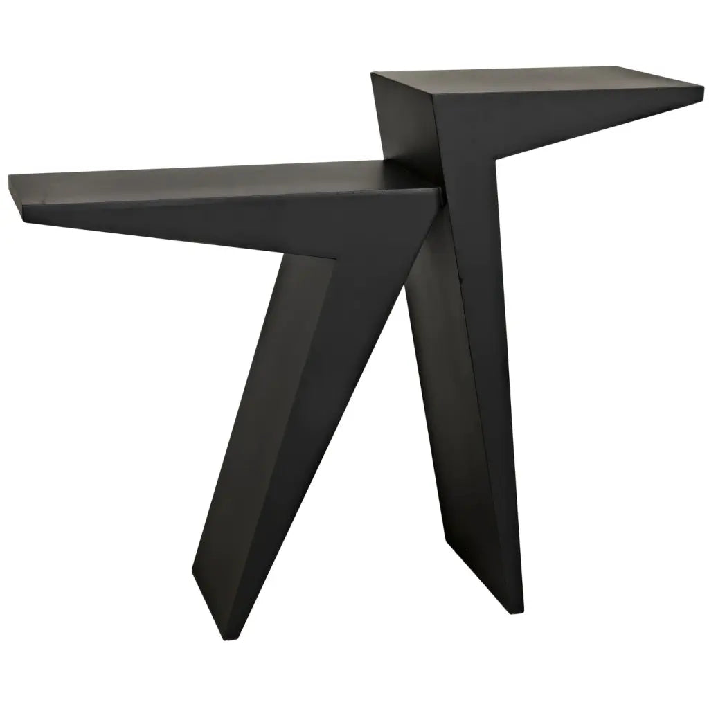 Modern black side table with geometric design on a white background